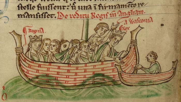 Генріх ІІІ та Елеонора на шляху до Англії (середньовічна мініатюра)